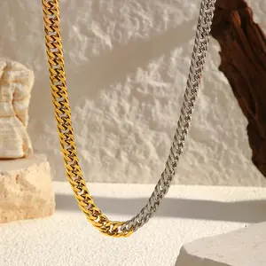 Gold Silver Split Cuban Chain Necklace, Stainless Steel, Chunky Street Style