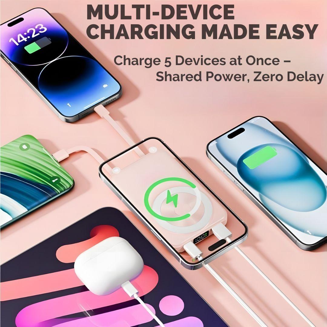 ARTCYBER Foldable Magnetic 10000mAh Power Bank with Hidden Stand & Built-In Dual Cables, Supports Charging Up to 5 Devices, Up to 22.5W Wired & 15W Wireless Output (Actual Speed May Vary), LED Display, Compatible with iOS & Android