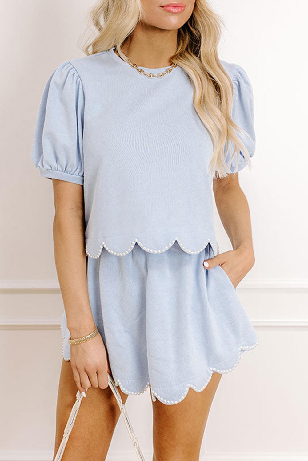 Mntaor Women's Beau Blue Puff Sleeve Pearl Embellished Scallop Trim Skort Set Sweet & Chic Outfit for Beach Vacations Brunch Dates & Casual Day Trips Mntaor Women's Beau Blue Puff Sleeve Pearl Embellished Scallop Trim Skort Set Sweet & Chic Outfit for Beach Vacations Brunch Dates & Casual Day Trips
