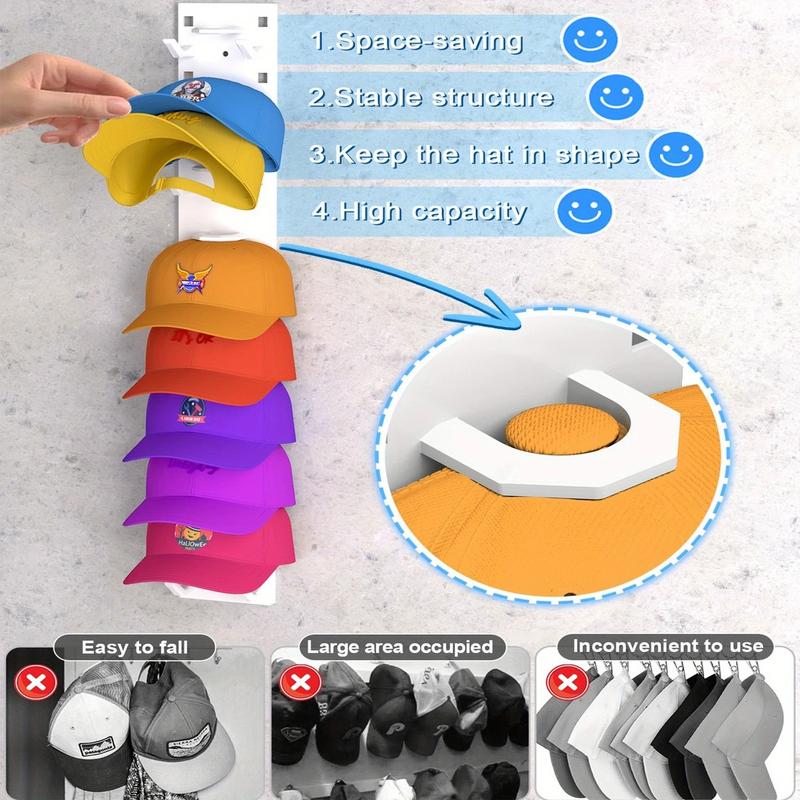 2 Pack Hat Organizer  Wall Mounted Baseball Cap Rack Black or White Adhesive Mount Stable Structure Holds 18 Hats for Closet Door & Bedroom Easy Access Display Hanger