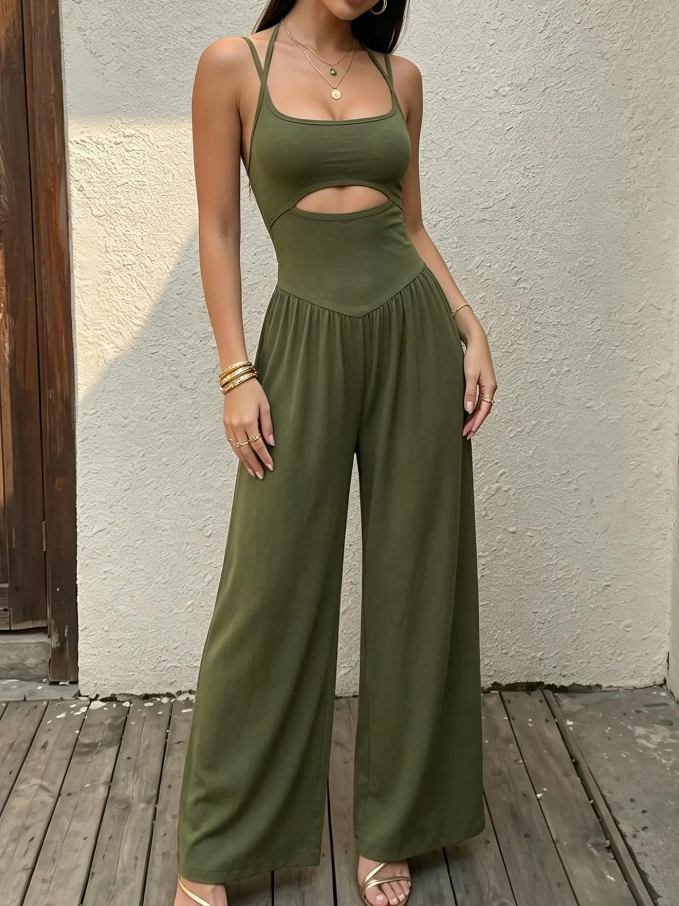 Women's Solid Color Jumpsuit Casual Shoulder Strap Backless Tie-Back High Waist Romper,  Elegant Retro Chic Style for Summer, Women's Clothes for Daily Wear