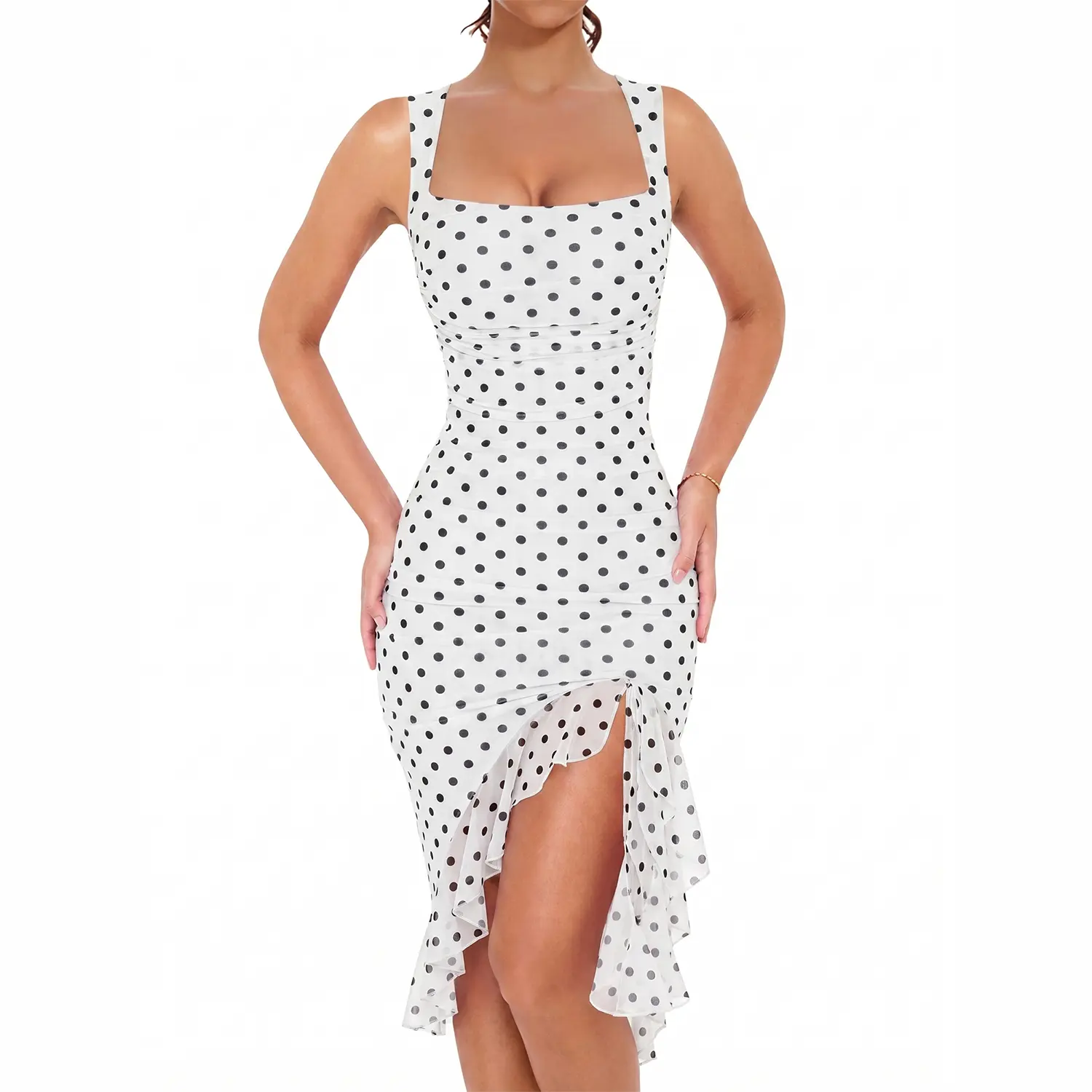 BORIFLORS 2026 Women's Sleeveless Square Neck Ruched Mesh Bodycon Midi Dress - Elegant Party, Formal, Wedding Guest Pick, Night Out Clothes, Spring Summer Wear with Slit Ruffle Hem, Elegant Party Dress, Formal Dresses