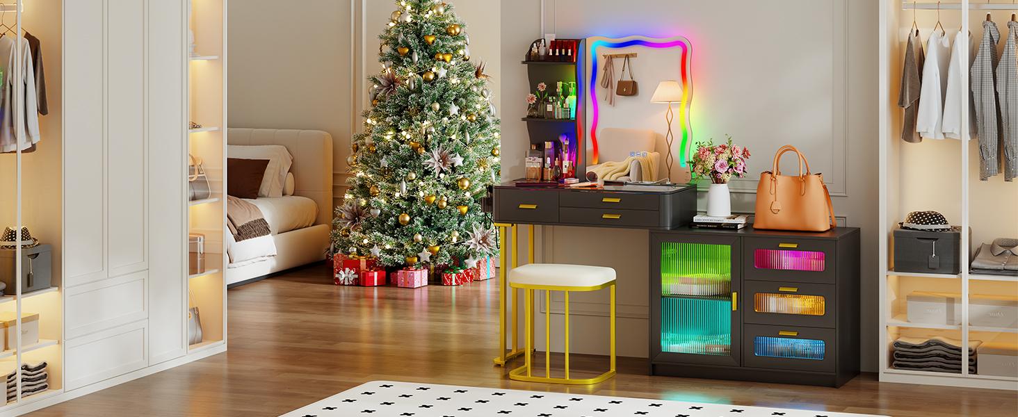 Miu Vanity Makeup Set with Irregular  Mirror Lights, Dressing Table with 6 Drawers, Adjustable Lighting, Charging Station, Vanity Makeup Table