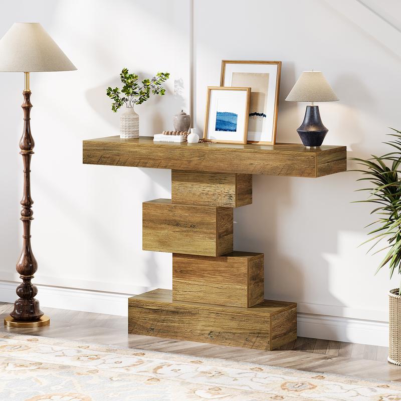 LITTLE TREE 42.5" Farmhouse Console Table, Narrow Wood Sofa Table Behind Couch with Geometric Base, Industrial Entryway Accent Table for Living Room, Hallway, Entrance