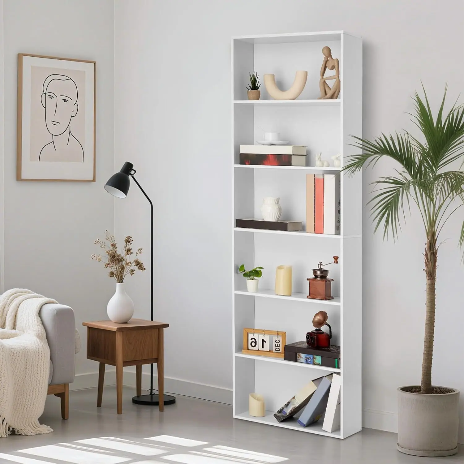 Gaomon Industrial 6-Shelf Rustic Modern Bookshelf - 71in Tall High-Density Particleboard Unit, 250 Lb Total/35 Lb Per-Shelf Capacity, Home Decor, Organization, Easy Assembly, Wall Anchor, for Books, Home Library, Bedroom Use, Room Storage (White)