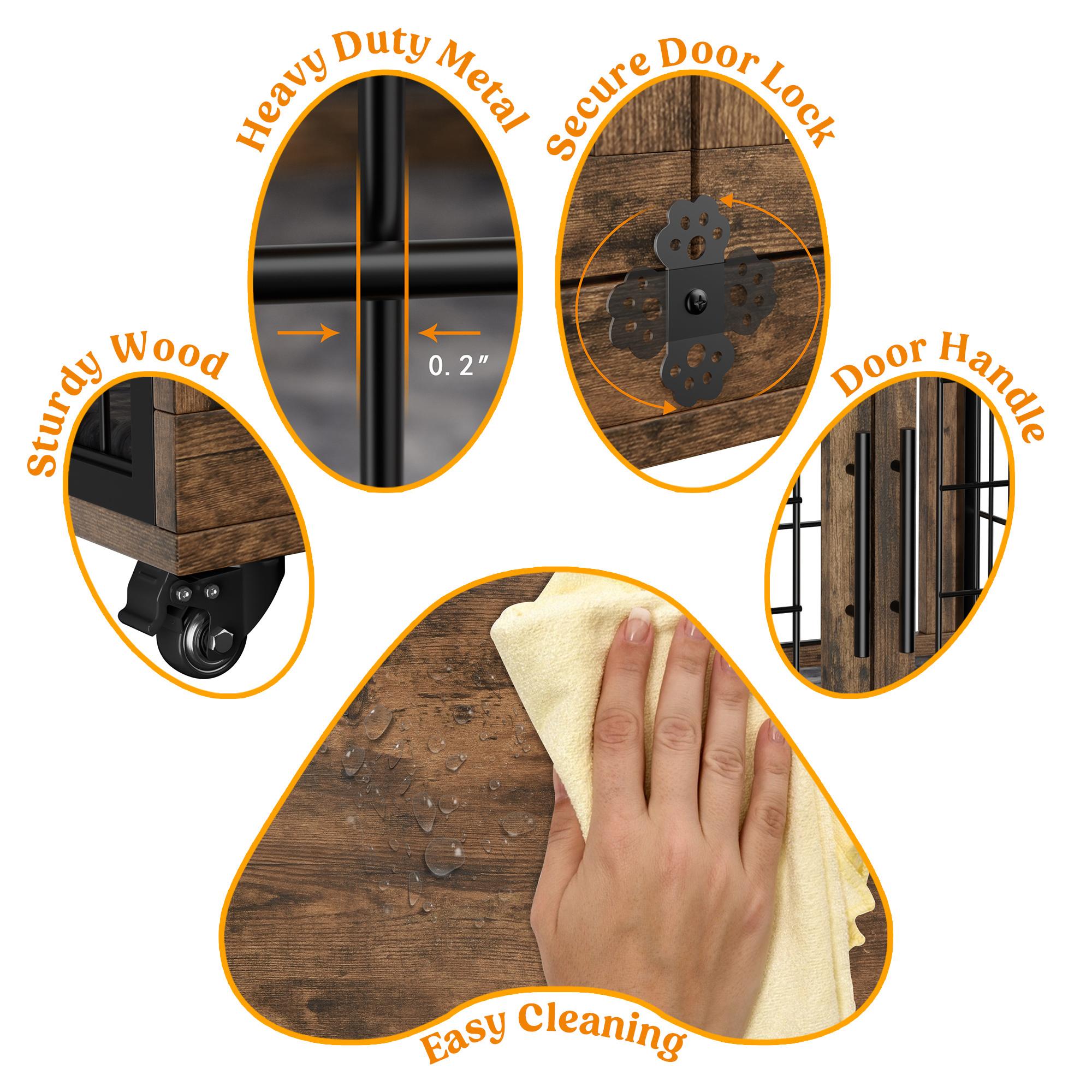 Aowos Wooden Dog Crate Furniture, Stylish Dogs Kennel for Small to Extra Large, Double Door & A Cushion & 360° Wheel, Single Door & 2 Bowels, 27''/32''/38''/44'', Metal, Chew-Proof Design, Dog Cage