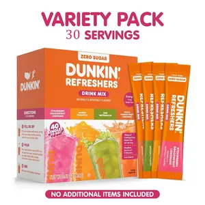 Dunkin’ Zero Sugar Refreshers Singles To Go! Powdered Drink Mix, 30 Ct Variety Pack, Energy from Green Tea, Aspartame-Free, Just Add Water