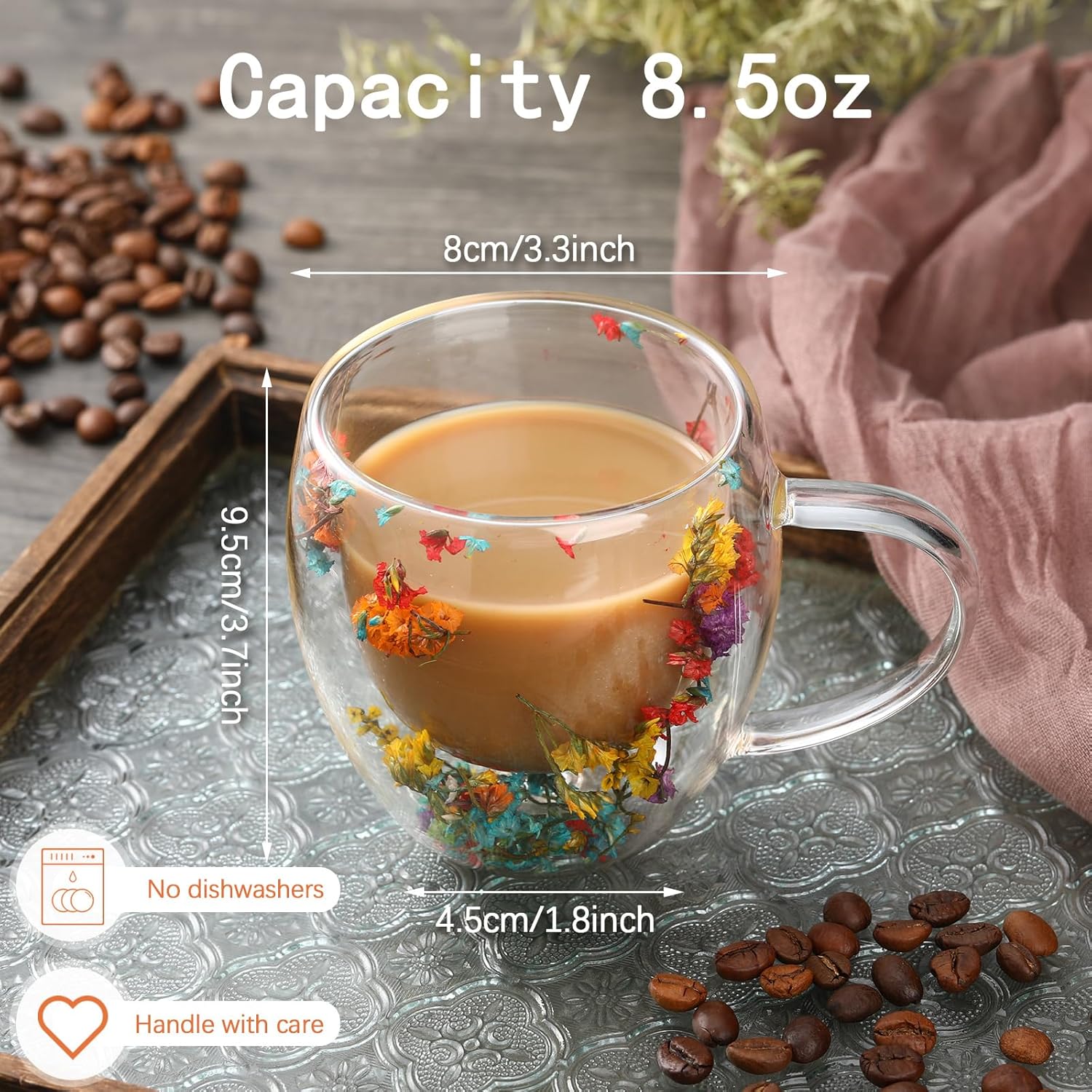 【FaddishDeal】Double glass flower tea cup, 390ml glass coffee cup, insulated flower coffee cup, transparent cup with dried flowers. Drinkware Tumblers.