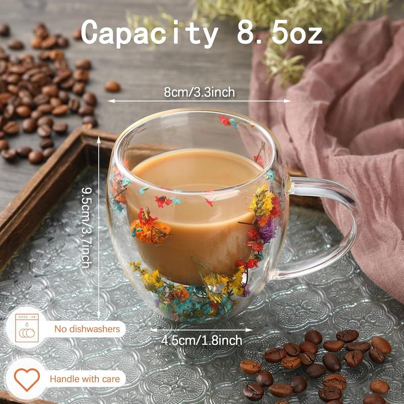 【FaddishDeal】Double glass flower tea cup, 390ml glass coffee cup, insulated flower coffee cup, transparent cup with dried flowers. Drinkware Tumblers.