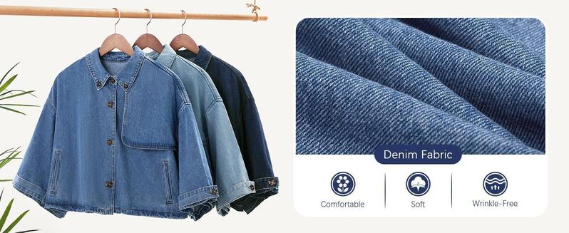 Imily Bela Womens Cropped Denim Jackets Casual Button Down Jean Shirt Shacket Loose 3/4 Sleeve Coat with Pockets