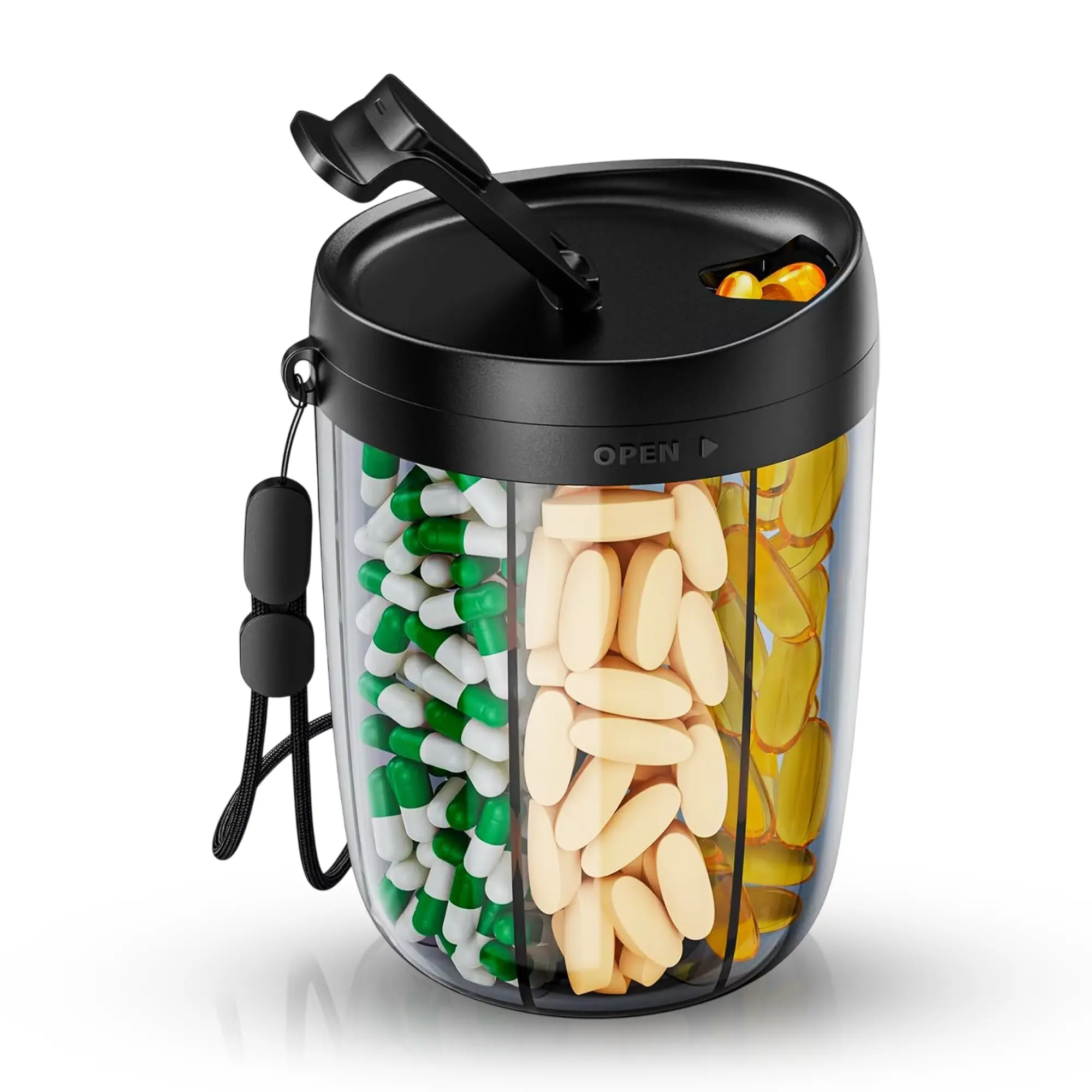 Large Black Pill Dispenser 6 Large Compartments, Portable Easy Wide Opening Anti-Mix Pill Bottle Organizer For Travel, Medications Vitamins Supplements BPA-Free Healthcare