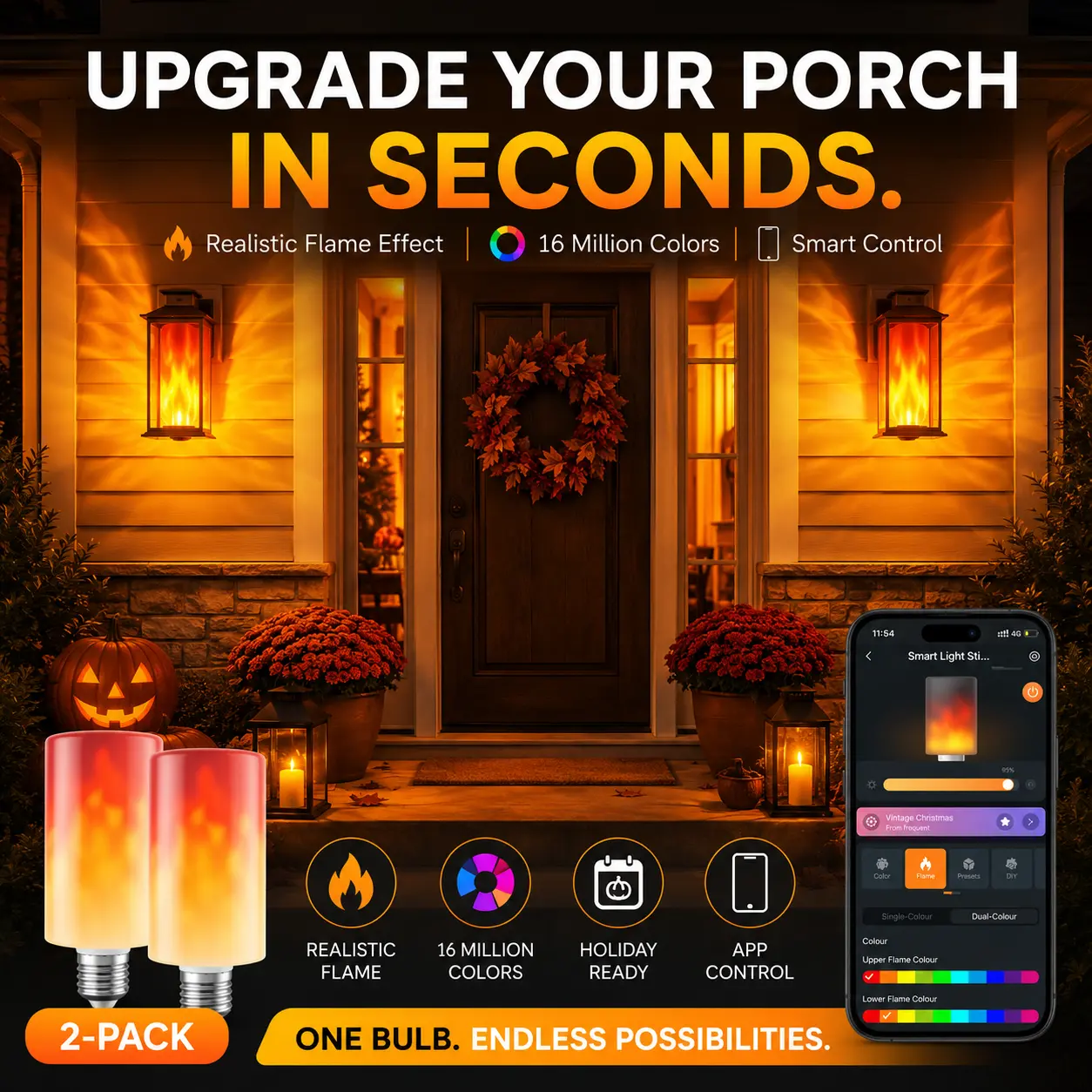 [New Arrival | $10 OFF] Linkind Smart Porch Light Bulb, Color Changing E26 WiFi Light Bulb with Flame Effect, Alexa & Google Compatible, 850LM, 120+ Scenes, Outdoor Covered Porch & Entryway Lighting