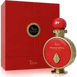 AHUJA Almond Saffron – 3.4 oz Parfum | Unisex Warm Floral Saffron Scent | 35% Long Lasting Oil | Saffron, Jasmine, Orange Blossom, Rose, Ambergris, Cedarwood | Luxury Orange Gift Box