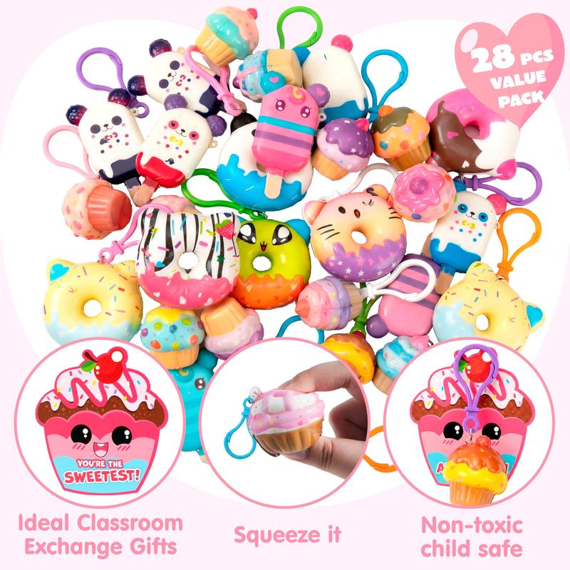 28Pcs&30pcs Dessert Squishy Toys Keychains with Kids Valentines Cards for Classroom Exchange Gifts 2025 Valentine Exchange Cards  Various decorations are available for selection.
