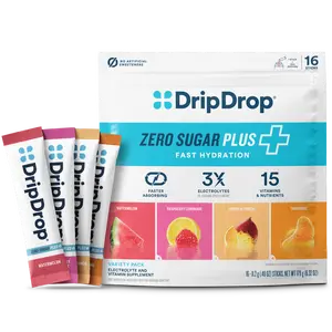 DripDrop Zero Sugar Plus, Watermelon, Tangerine, Tropical Punch, Raspberry Lemonade, 16 oz sticks, 16 count DripDrop Zero Sugar Plus, Watermelon, Tangerine, Tropical Punch, Raspberry Lemonade, 16 oz sticks, 16 count