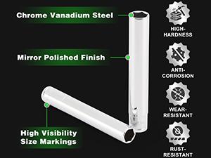 10PCS 3/8-Inch Drive Extra Deep Metric Socket Set, 6 Point, 8mm to 17mm, No Skipped Sizes, 120MM Deep CR-V Socket for Automotive and Industrial Applications