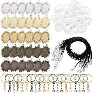 130 Pcs Pendant Tray Set,Including 30 Oval Pendant Blank Bezel,30 Pendant,30 Glass Cabochon Dome Tiles,20 Black Leather Ropes and 20 Mixed Color Keychains,Valentine's Day Gifts,DIY Hand Tools Kits