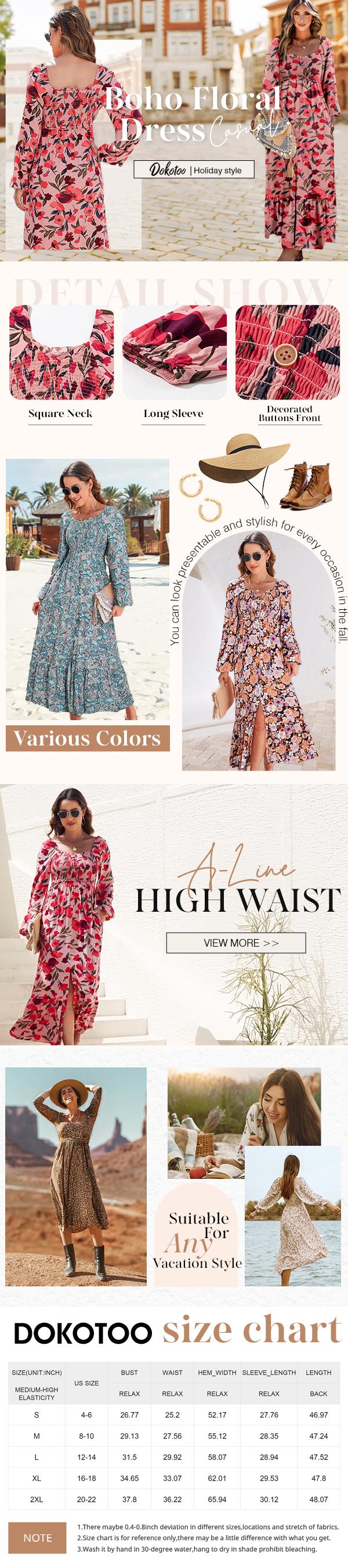 DOKOTOO Women's Boho Floral Smocked Empire Waist Square Neck Long Sleeve Button Beach Maxi Dress Sundress Brown Viscose Fitted Flowy Ruffle Hem