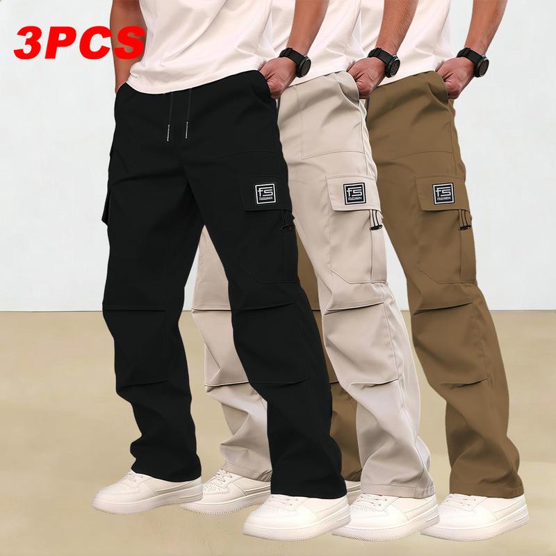 Men's multi-pocket work pants, 3-pack, suitable for all seasons and machine washable; mid-rise with drawstring closure; non-stretch polyester fabric; casual wear with pockets; versatile cargo pants