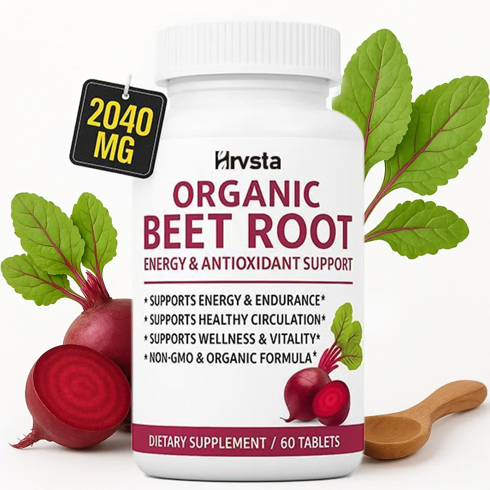 Organic Beet Root Powder Tablets - 2040mg Natural Nitric Oxide Beets for Energy Support, Black Pepper for Better Absorption, Non-GMO Dietary Fitness Vitamin Iron Supplement for Men & Women, 60 Count