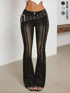 Women's Low Waist Bell-Bottom Jeans With Big Sun Logo Button And Eyelets Big Belt, Bootcut Jeans, Comfortable Stretch Denim Jeans, Patchwork Fringe Washed Vintage Long Pants, Casual Denim Trousers for Everyday Wear, American-style high-waisted stretch