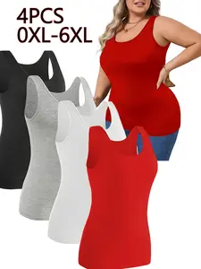 Plus Size, 4-Pack Women's Plus-Size Sleeveless Tank Tops - Soft Stretchy Layering Essentials in Black, White, Gray, Pink | Non-See-Through Solid Color Tops Suitable for Casual & Formal Outfits, All-Season Wear