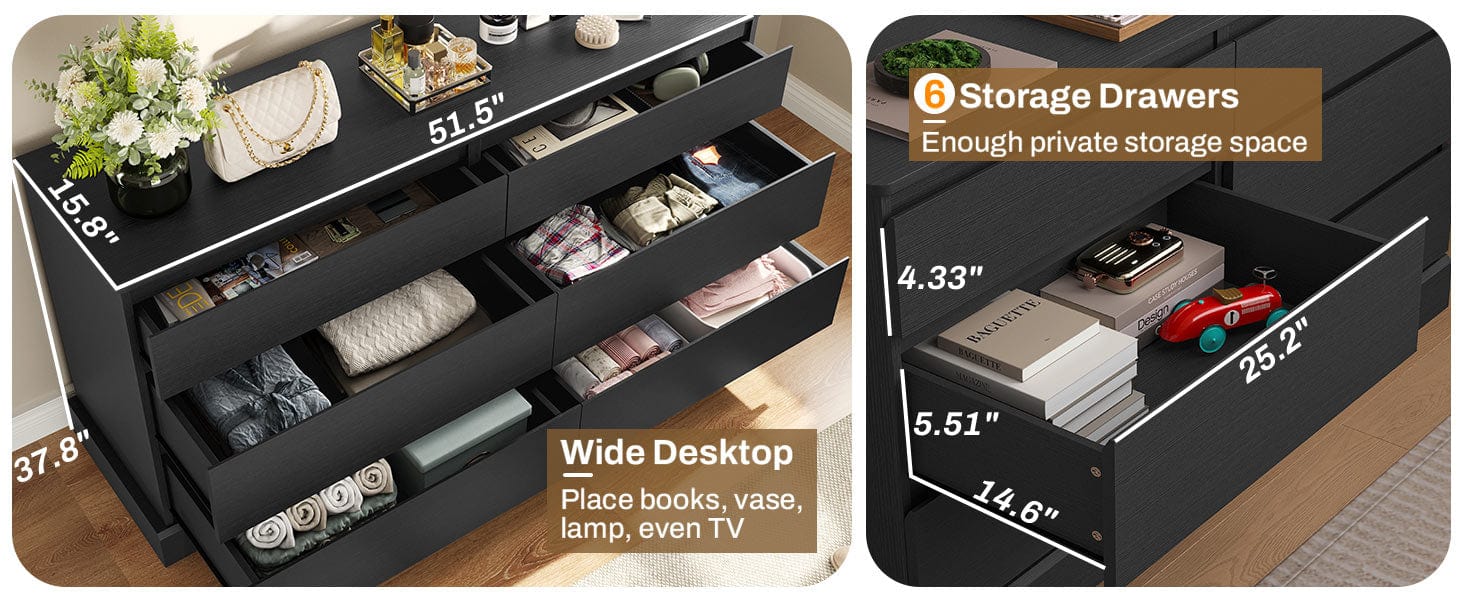 51.5 Inches Wide Dresser with 6 Drawers Black