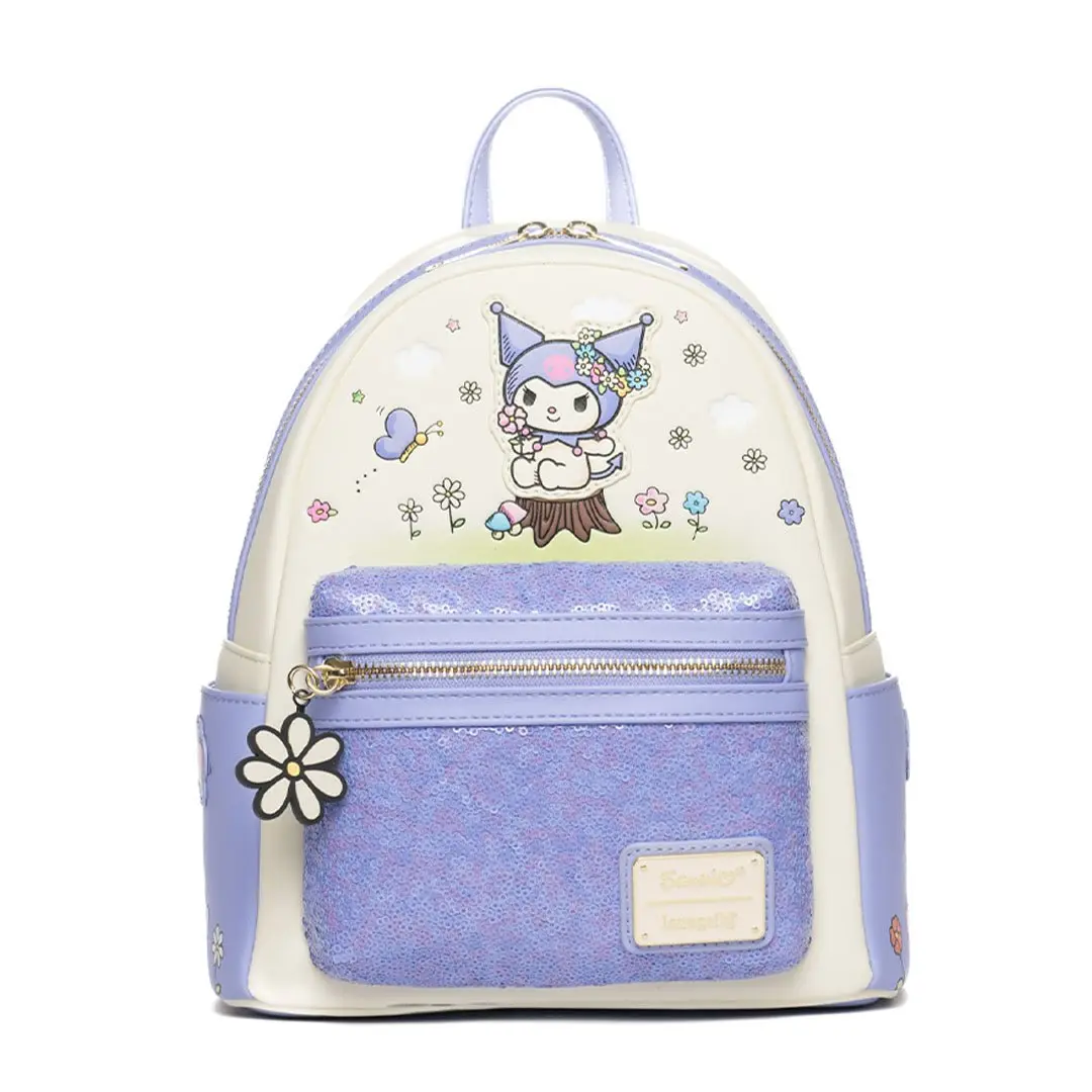 Loungefly Sanrio Kuromi Spring Blossom Sequins Mini Backpack - Faux Leather, Lightweight Casual Daypack, Cute Stylish Daypacks, Anime Style Functional Bag, Flowers Accent Casual Bag, Casual Wear