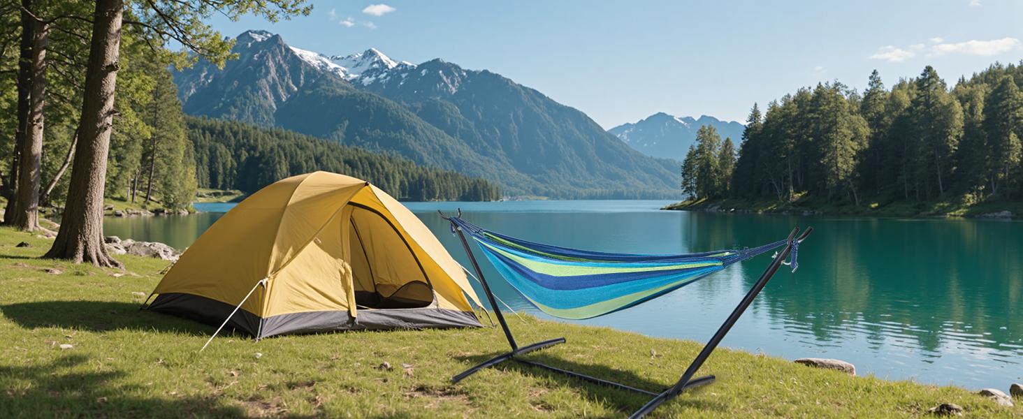 Double Hammock with Space Saving Stand, Heavy Duty Steel Frame, Portable for Outside & Indoor Use, 450lbs Capacity, Easy Assembly, Carrying Bag Included