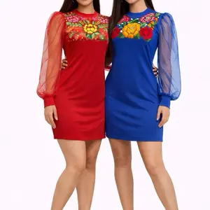 Embroidered Mexican Dress with Sleeves Vestido Mexicano Bordado con Manga’s Transparentes One Size Fits Small Medium Large Unique Color Patterns Made in Mexico