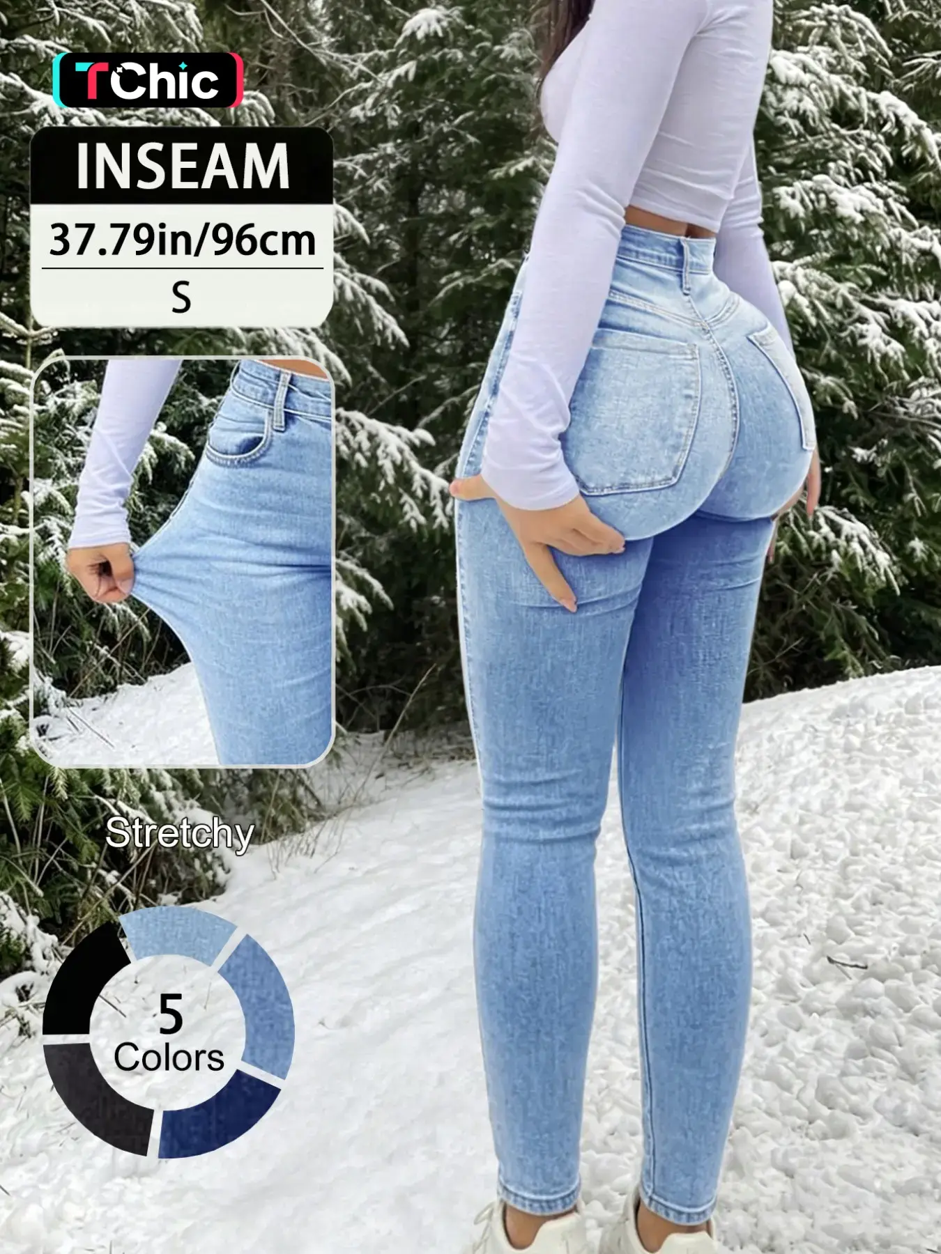 20789# New Elegant Casual Slim-Fit High Waist Long Pants for Women, All-Season Fashion Jeans Button Fly Trousers, Plain Surface, Unlined