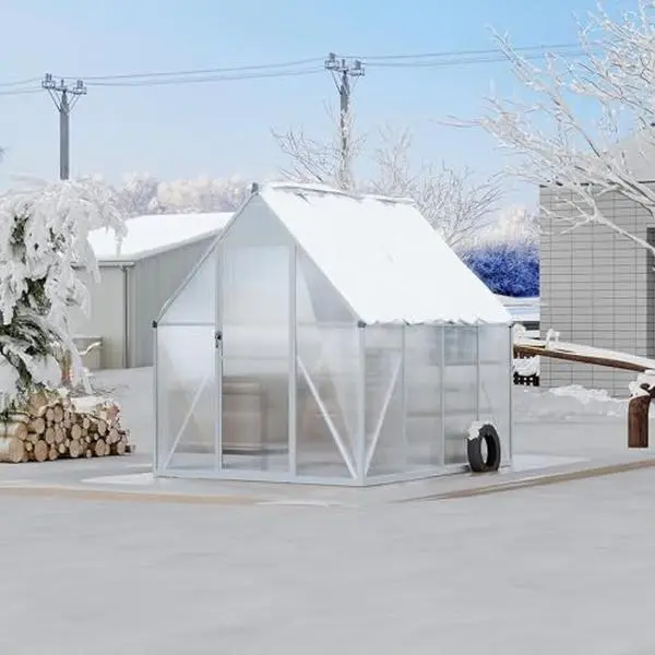 GARVEE Silver Outdoor Greenhouse, Large Walk-in Polycarbonate Green House with Aluminum Frame, Roof Vent, Lockable Push Door & Ground Nails for Garden Backyard