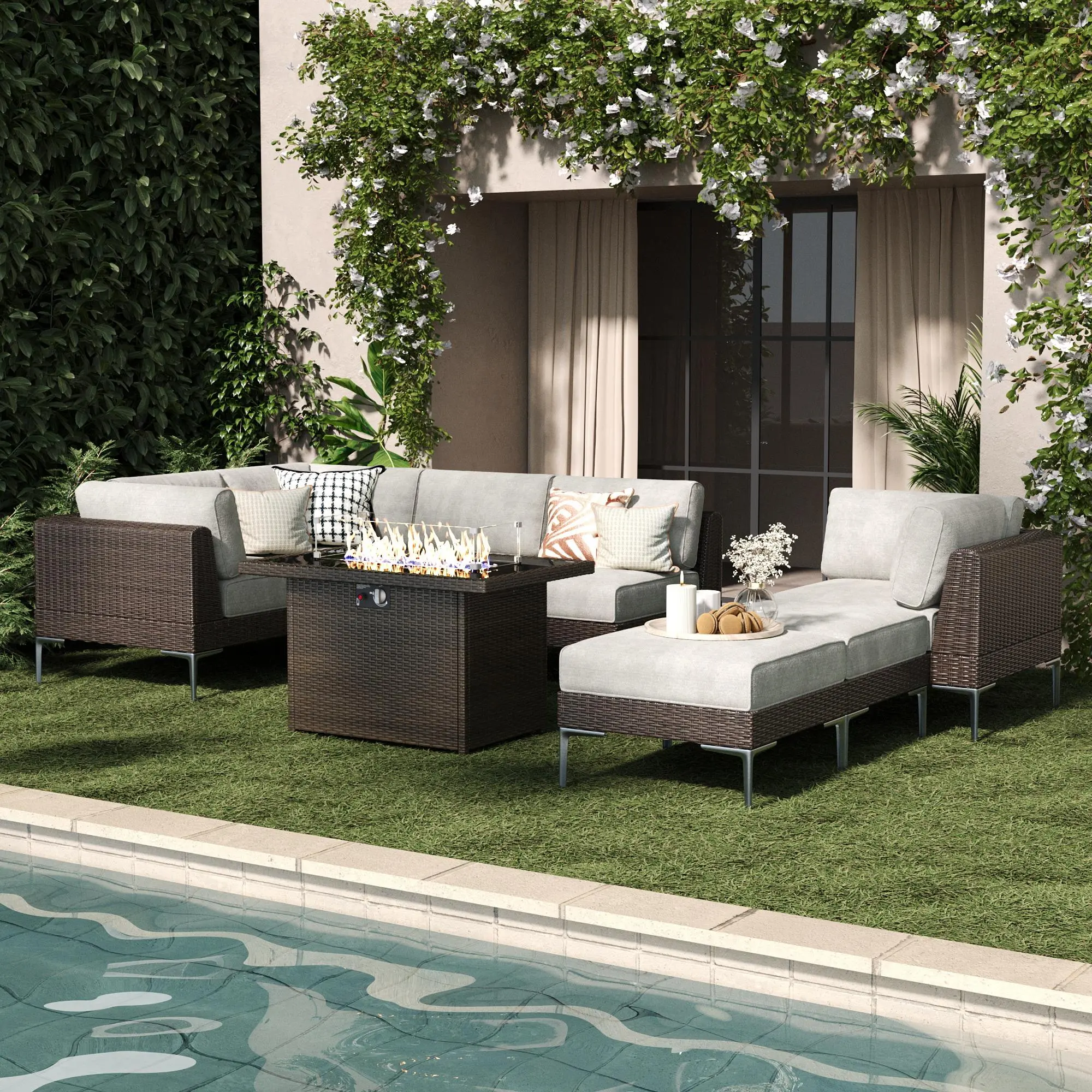 LayinSun 8-Piece Modern Light Metal Outdoor Modular Wicker Sectional Dining Set, Waterproof Ergonomic Deep Seats, Thick Cushions, 2-In-1 Fire Pit Table, for Backyard & Deck (Shipped in Multiple Packages)
