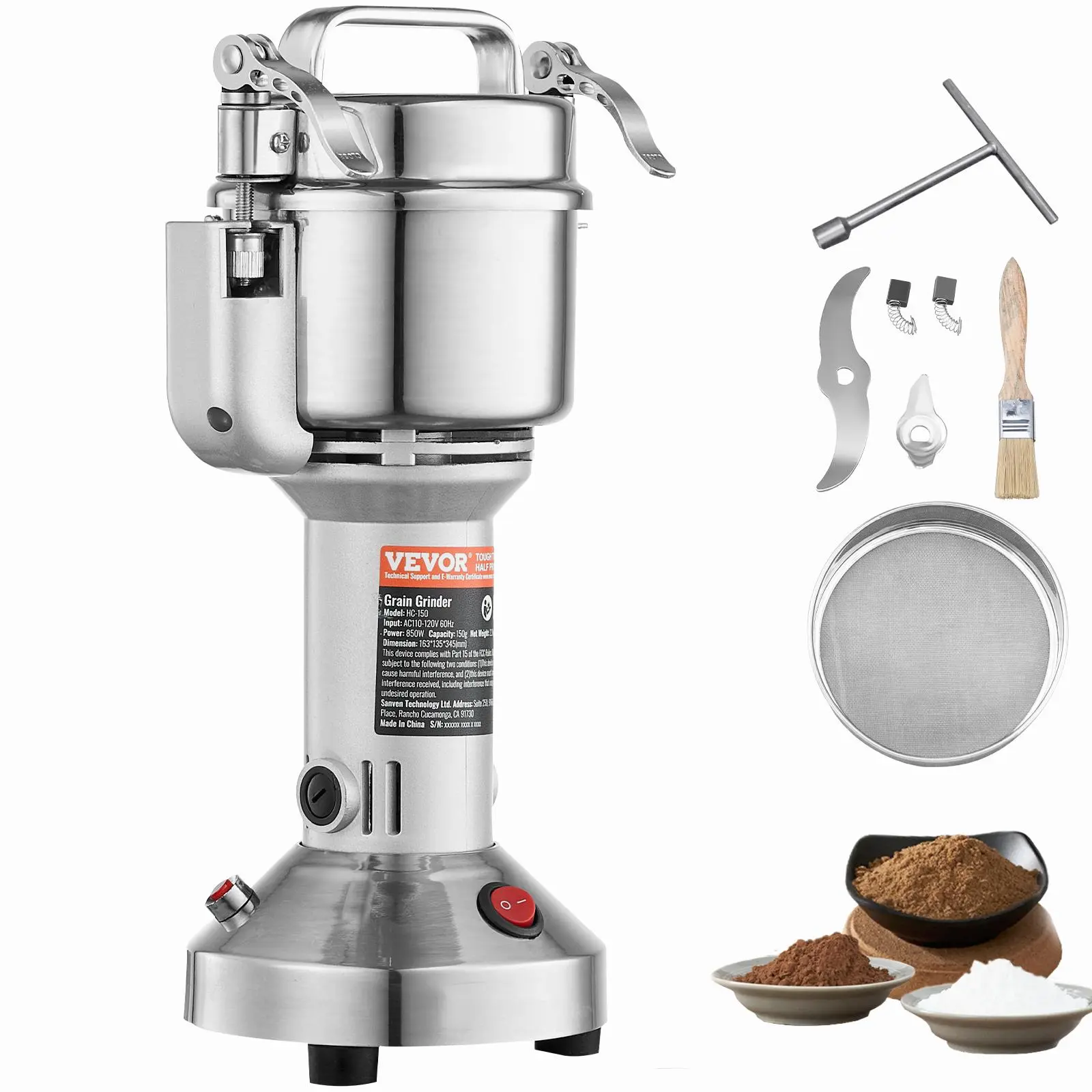 VEVOR Electric Grain Mill Grinder (150g/300g/550g/750g), 2000W High-Speed Commercial Stainless Steel Pulverizer, 30–300 Mesh Control, 5–10 Min Cooling, for Dry Grains, Spices, Coffee Bean Grind, Hospital & Kitchen Use, Straight Type, High-Speed Grinding