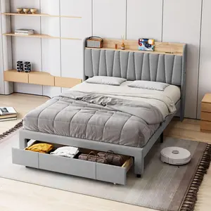 Full Bed Frame, Upholstered Platform Bed Frame with Storage Headboard and Charging Station, Mattress Foundation with Solid Wooden Slats Support, Grey