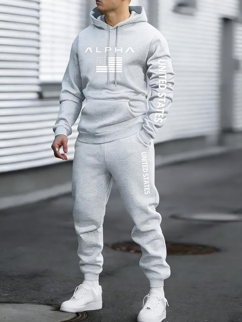 Men's Casual Letter Print Hoodie Set Comfortable Long Sleeve Hooded Sports Shirt with Elastic Waistband Pocket Pants Autumn Winter Edition