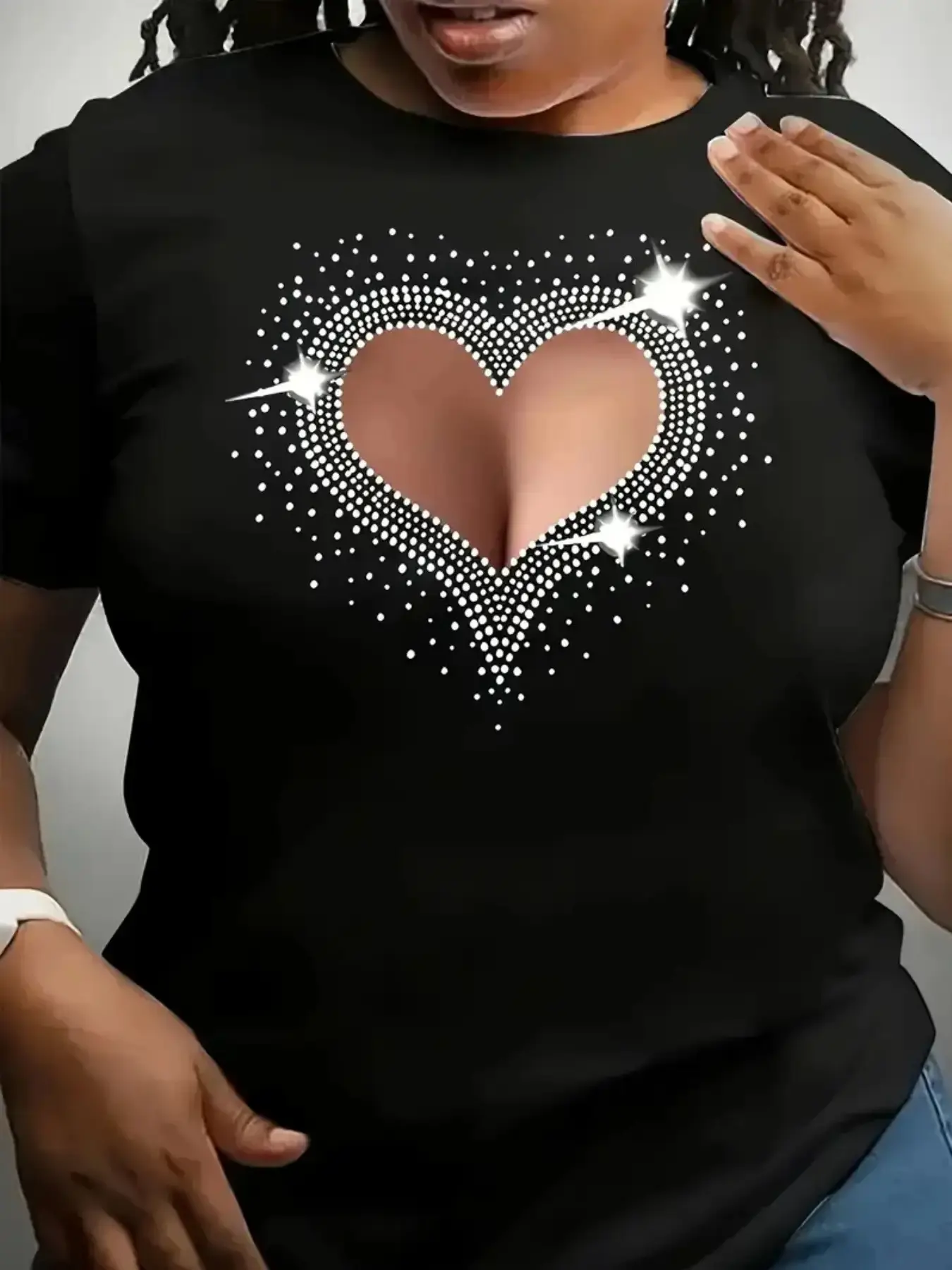 Women'S Clothing, Ladies Plus Size T-Shirt with Heart And Crystal Pattern- Shiny Rhinestone Style Short Sleeve Round Neck Top, Medium Stretch Machine Washable Fabric, All-Season Comfortable Casual And Formal Wear(Black Transparent Heart Pattern)