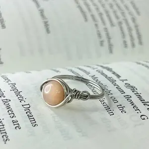 Peach Moonstone Genuine Copper or Stainless Steel Wire Ring for Intuition, Self Love, and deep healing