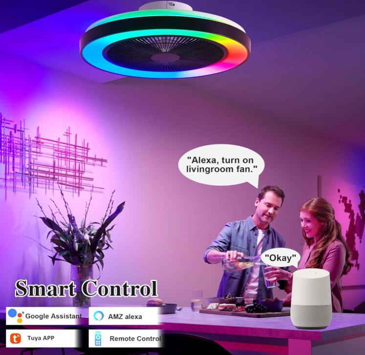 Dual-Ring RGB Color-Changing Invisible Ceiling Fan Light Bluetooth Music Ambient Lamp Living Room & Bedroom 2-in-1 Space-Saving Design