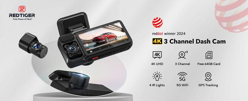 REDTIGER F17 4K 3-Channel Dash Cam with 5GHz WiFi GPS, 64GB Card, 2160P+1080P+1080P Cameras, IR Night Vision, Parking Mode, Fathers Day Gift