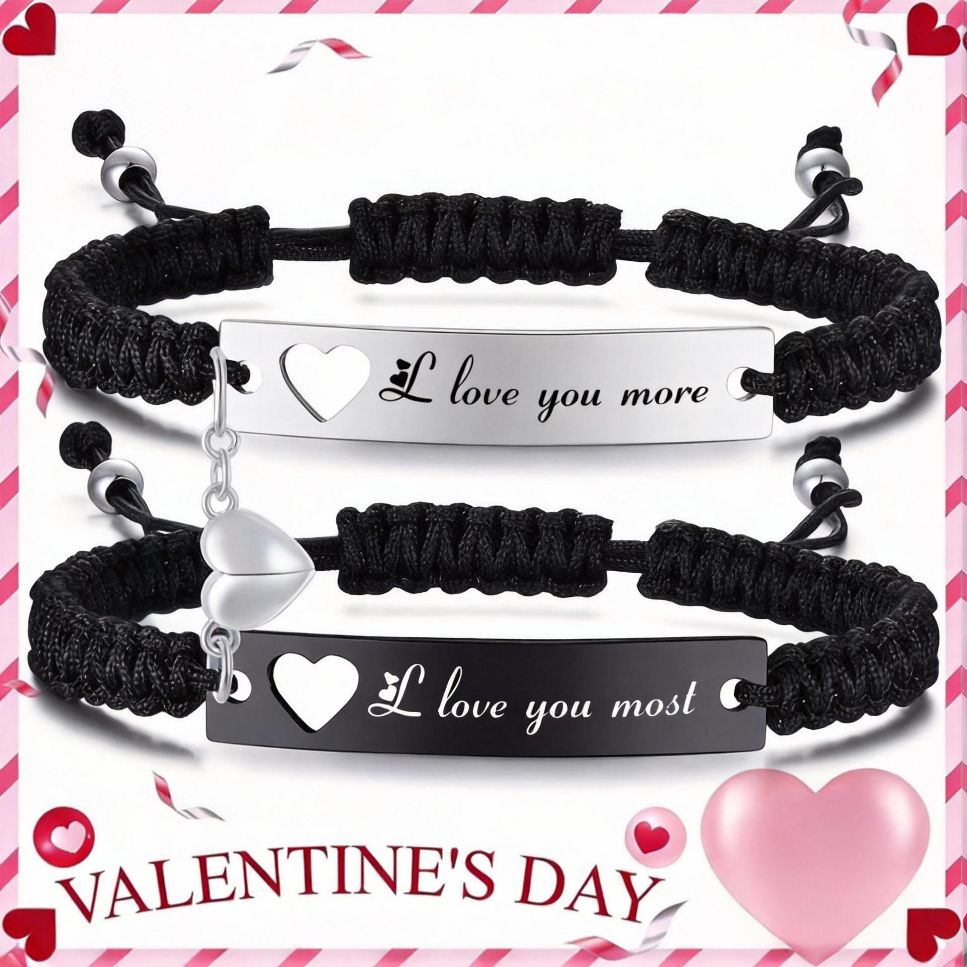 Heart Magnetic Matching Couples Bracelets - Adjustable Braided I Love My Boyfriend Girlfriend Long Distance Bracelets, Lovers His Hers Relationship Promise Bracelet Jewelry Anniversary Valentine Birthday Gifts
