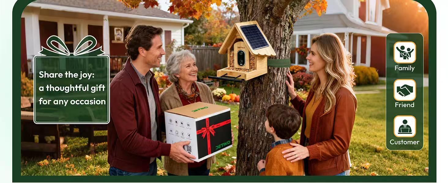 DETIKO Bamboo Bird Feeder with Camera, 2K HD, Auto AI Identify 2800+ Birds, Solar-Powered, Night Vision, Real-Time Alerts, Family/Friend Sharing, Gift for Nature Lovers