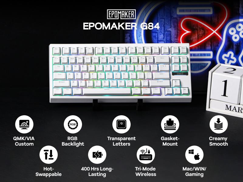 EPOMAKER G84 80% Gasket QMK/VIA Custom Mechanical Keyboard with Hot-Swappable Keys RGB Backlit Shine-Through PBT Keycaps Tri-Mode 2.4Ghz/BT/Type-C thocky creamykeyboards desk accessories keyboards for gaming creamy keyboard