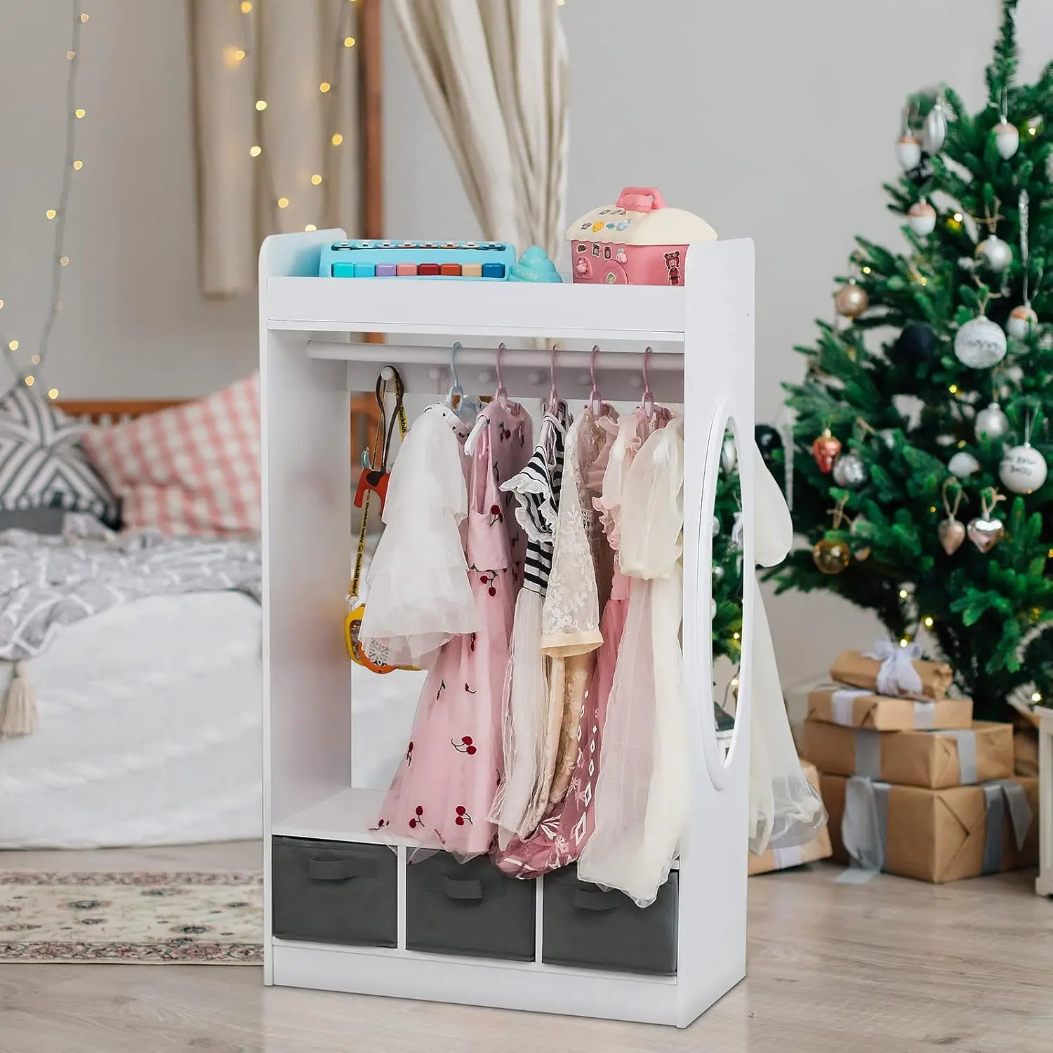 Karl Home White Kids Costume Storage Wardrobe with Mirror - Portable Indoor Furniture, 3 Non-Woven Drawers, Open Space, Wardrobe Ideas for Children's Bedrooms, Nursery