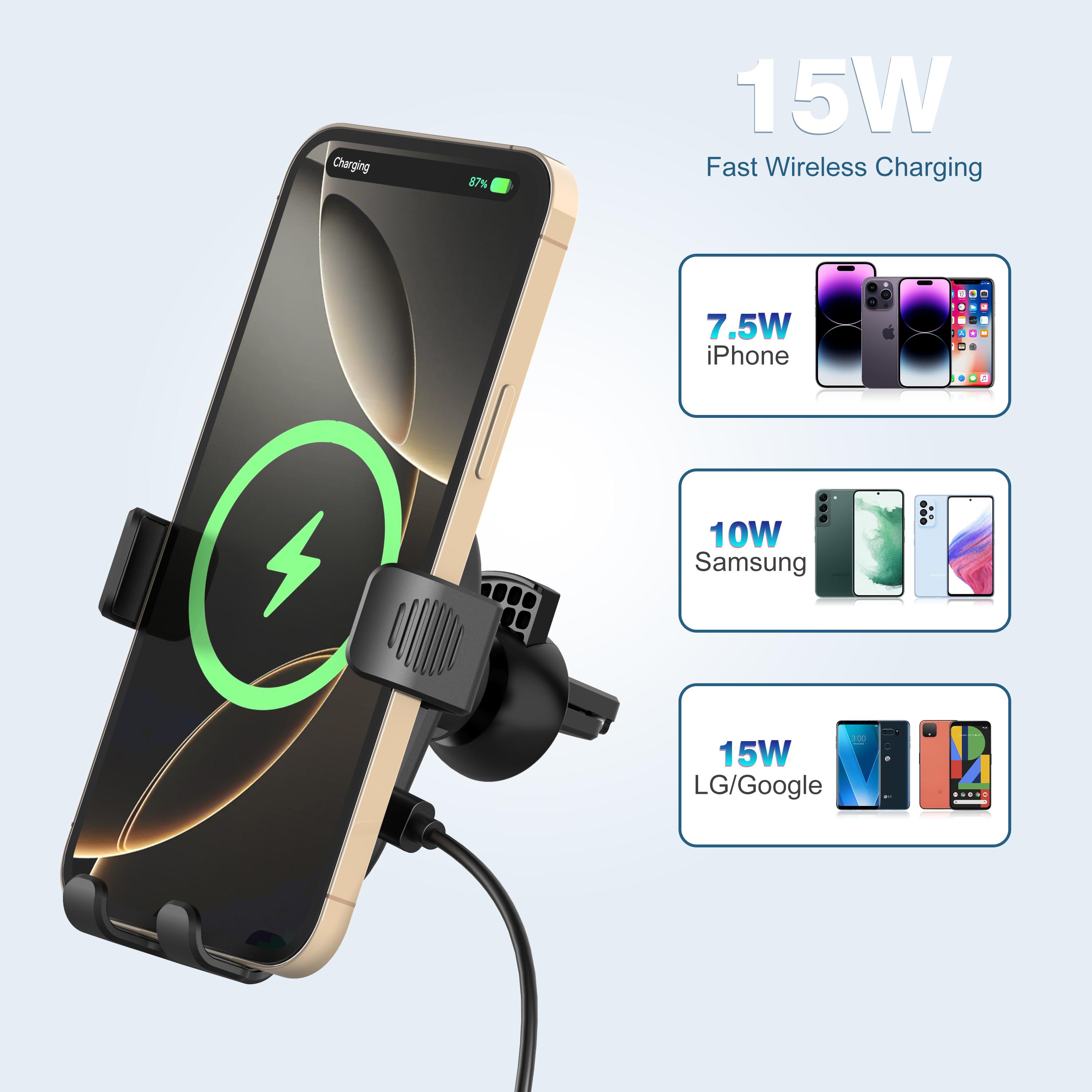 Wireless Car Charger, 15W Fast Car Charger Phone Holder fit for iPhone 17 16 15 14 13 12 11 Pro Max, Samsung Galaxy S23 S22 S21