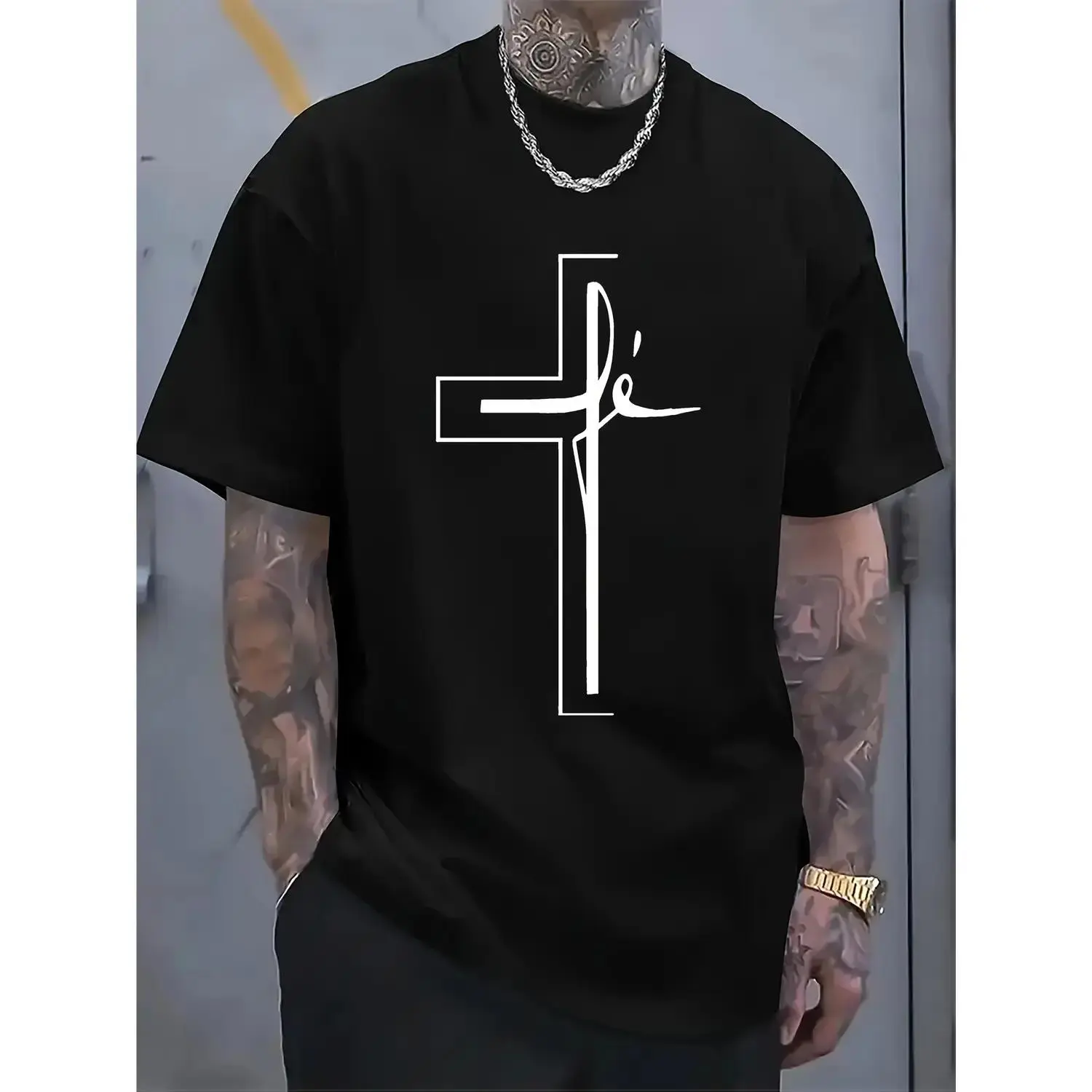 Women's Light Cotton Short-Sleeve Round Neck Graphic T-Shirt Top, Featuring Religious Cross Print, Geometric Pattern, and Casual Streetwear Style, Shortsleeve, Tshirt