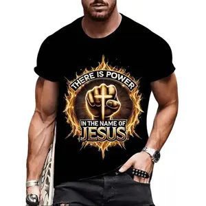 Mens 3D Print T-Shirt Featuring "There Is Power in the Name of Jesus" Graphic Comfortable Urban Streetwear Casual Round Neck Everyday Tee Durable Bold Graphic Tee - Menswear, Fabric Easter Spring Classic Relaxed Fit Stylish