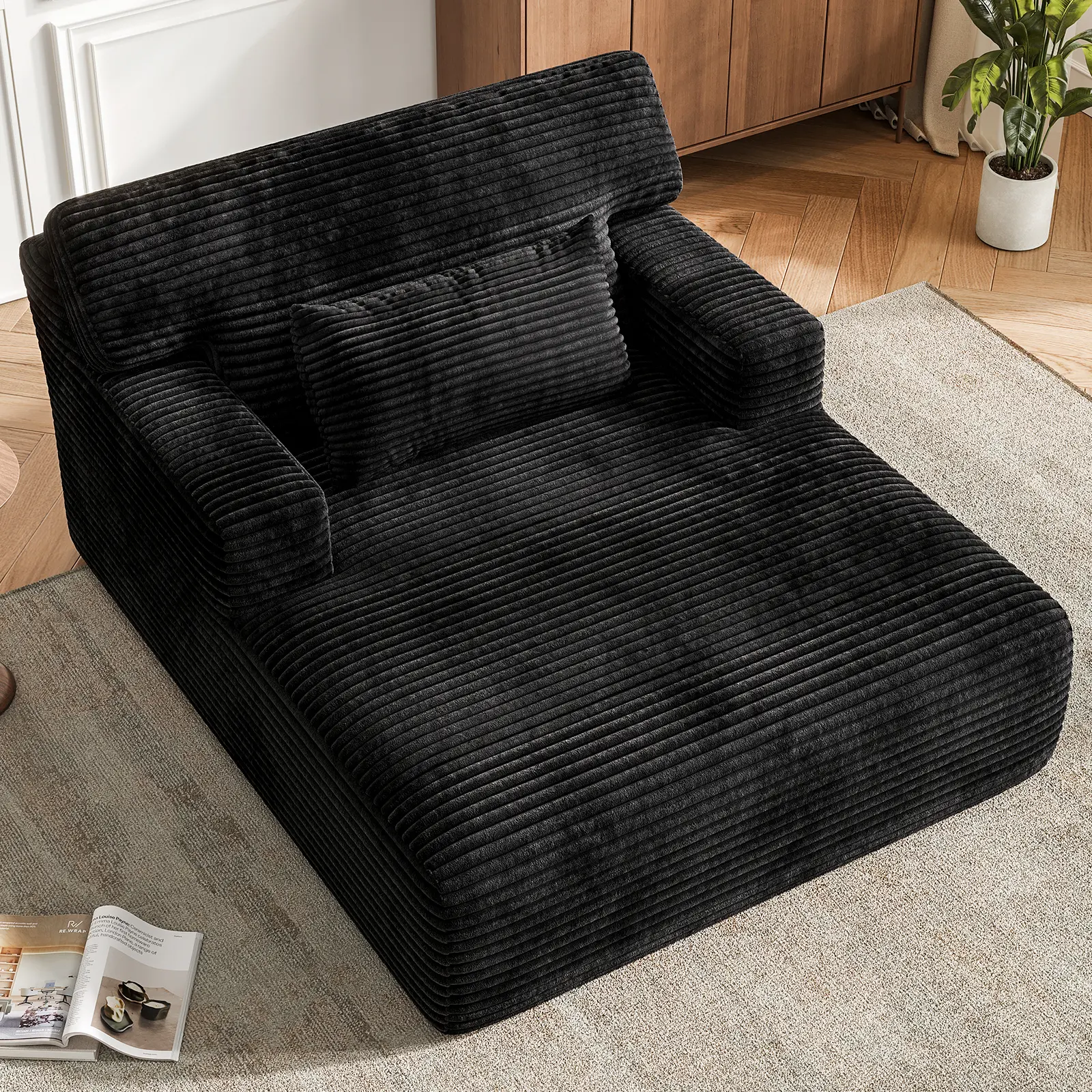 COPIAE Minimalist Oversized Corduroy Chaise Lounge Chair - High-Density Foam Plush Upholstered Sleeper with Oversized Seat, Back, Soft Corduroy Cover, Throw Pillow, Supports 2, No Assembly Required for Living Room, Supports Two