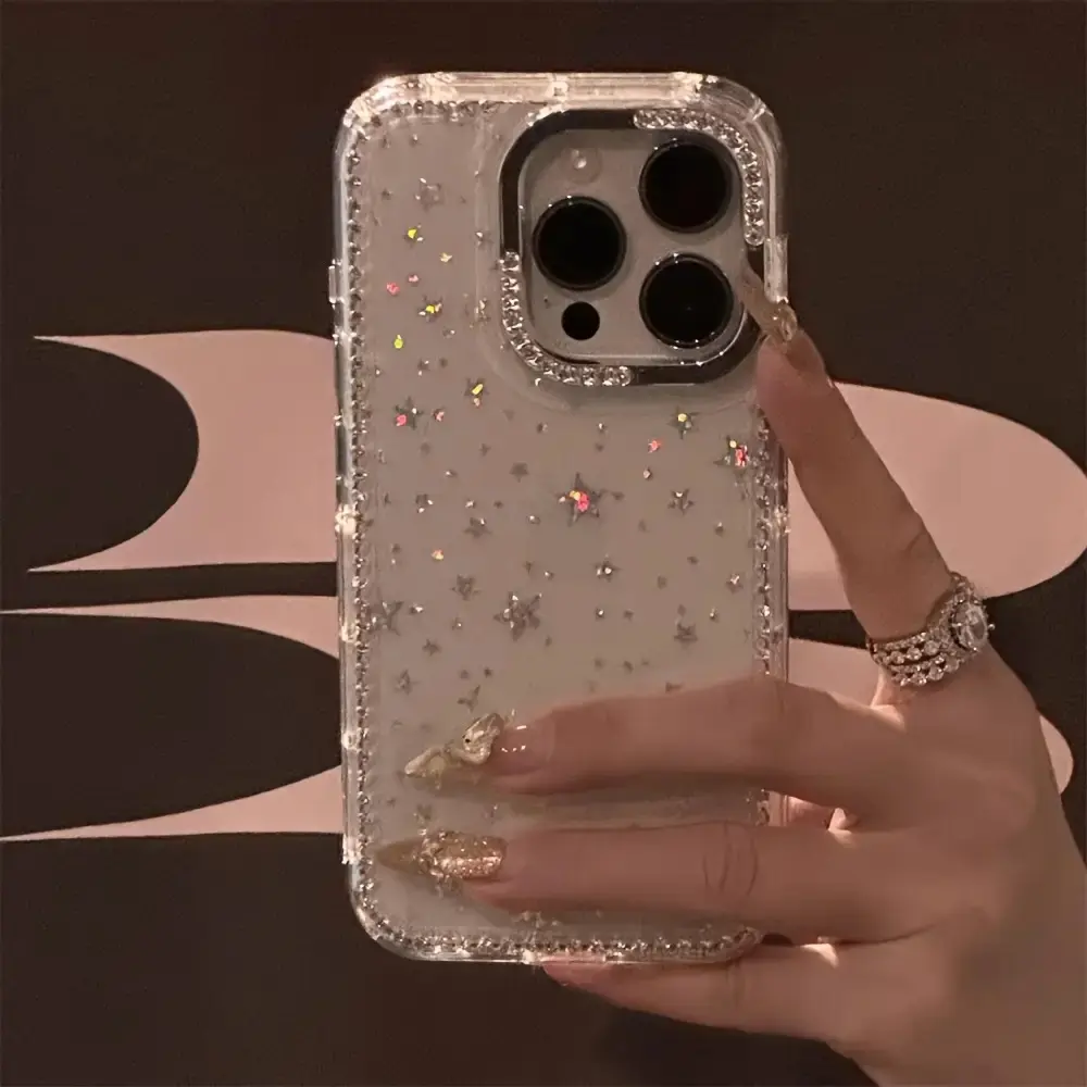 Luxury Rhinestone Fashion Smartphone Case - Sparkling Diamond Border Star Transparent Shockproof Cover for iPhone 12-17 Pro Max, Handheld Cellphone Protection for Devices, Christmas Gift, New Year's Present