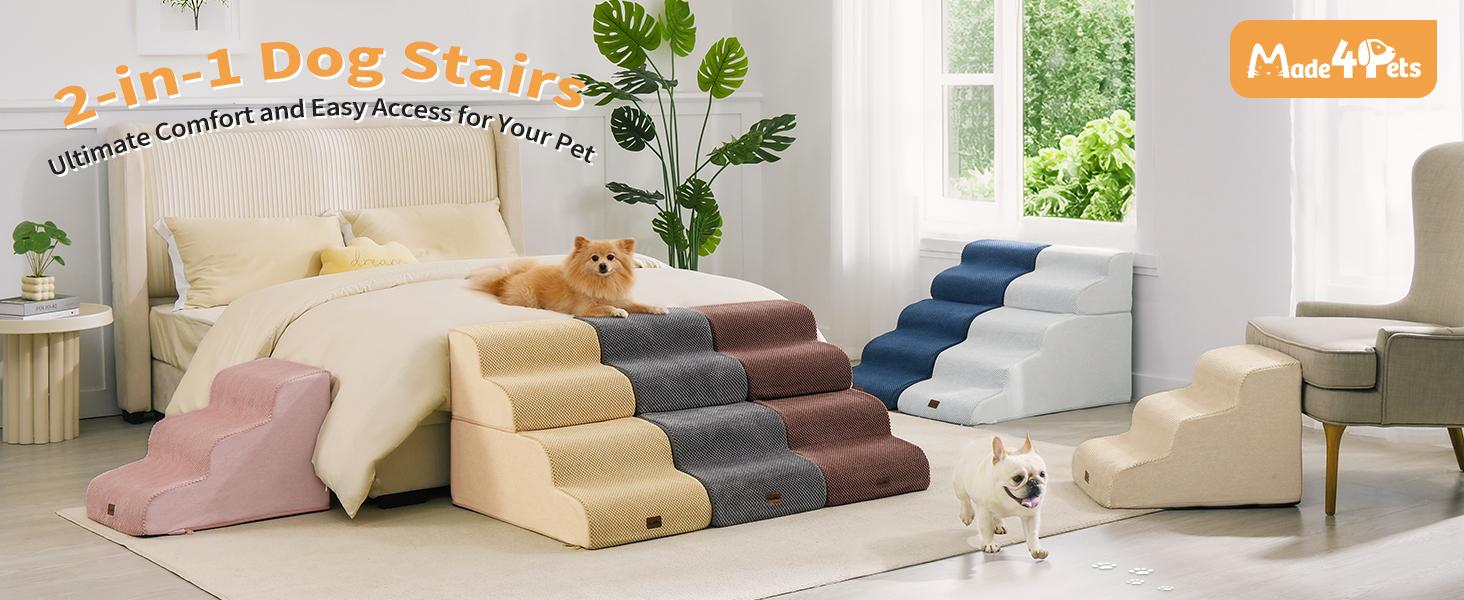 Made4Pets Dog Stairs and Ramp for Bed 3-5 Step Non-Slip for Small Dogs Up to 35lbs Design for Dogs and Cats Indoorfun Home Safe Climbing Boost Physical Activity
